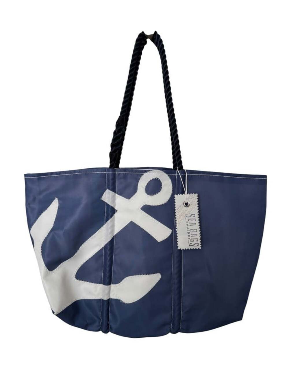 Sea Bags Maine Large Tote Bag White Anchor Navy Blue Sailcloth